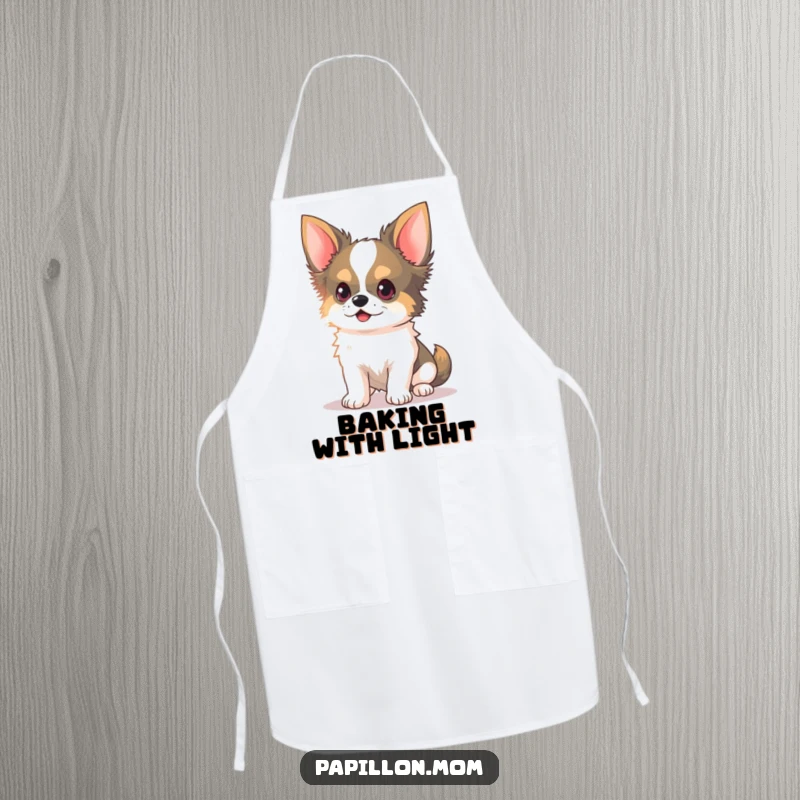 Funny Kawaii Papillon Dog Apron with delicate ears perked, chasing a light beam, a charming kitchen accessory for playful cooks.