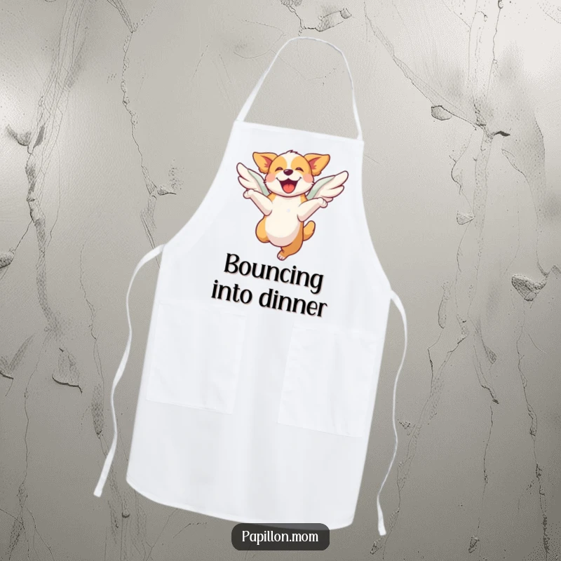 Funny apron with a dog leaping with joy, its wings giving it an extra boost; perfect for cooking with spirited cheer.