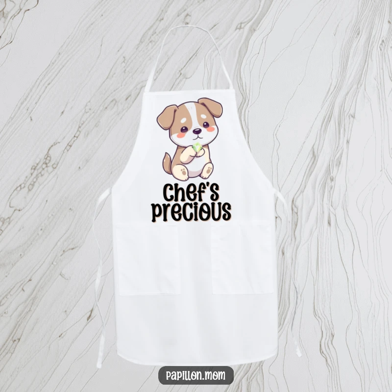 Funny generous dog apron, showing a dog offering a shiny gem, perfect for a kind kitchen.