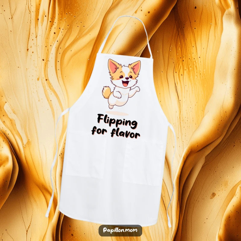 Funny Papillon dog apron featuring a cute character in a graceful leap, perfect for kitchen fun and stylish protection.