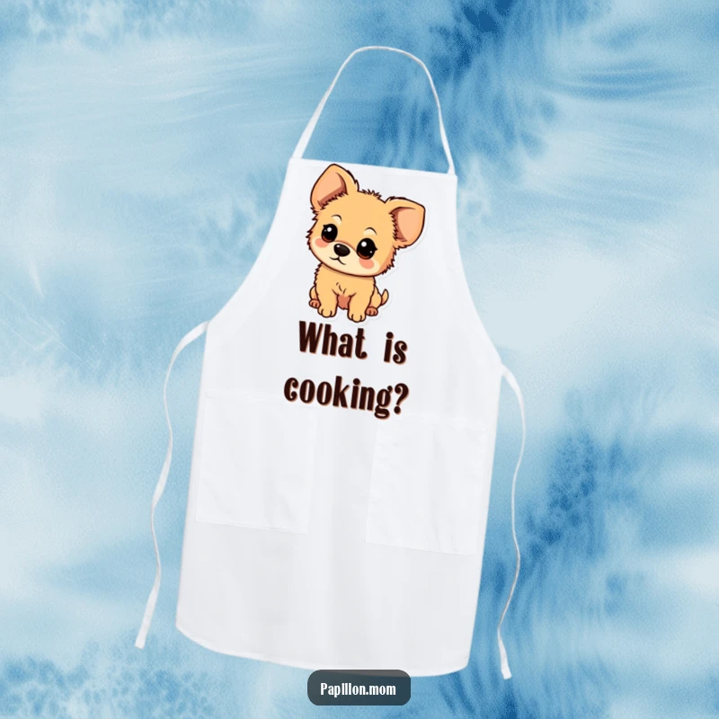 Funny apron showing a small, fluffy dog with large, floppy ears looking with an expression of sweet, gentle curiosity.