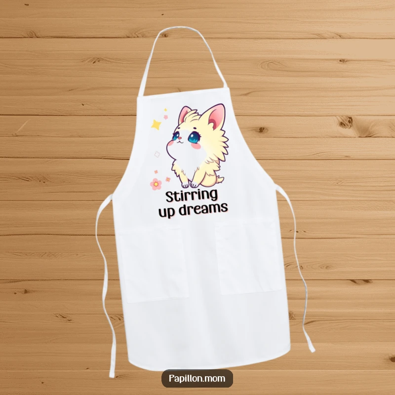 Funny Kawaii Papillon apron showcasing a cute lady looking up at the sky with eyes full of wonder, perfect for kitchen magic.