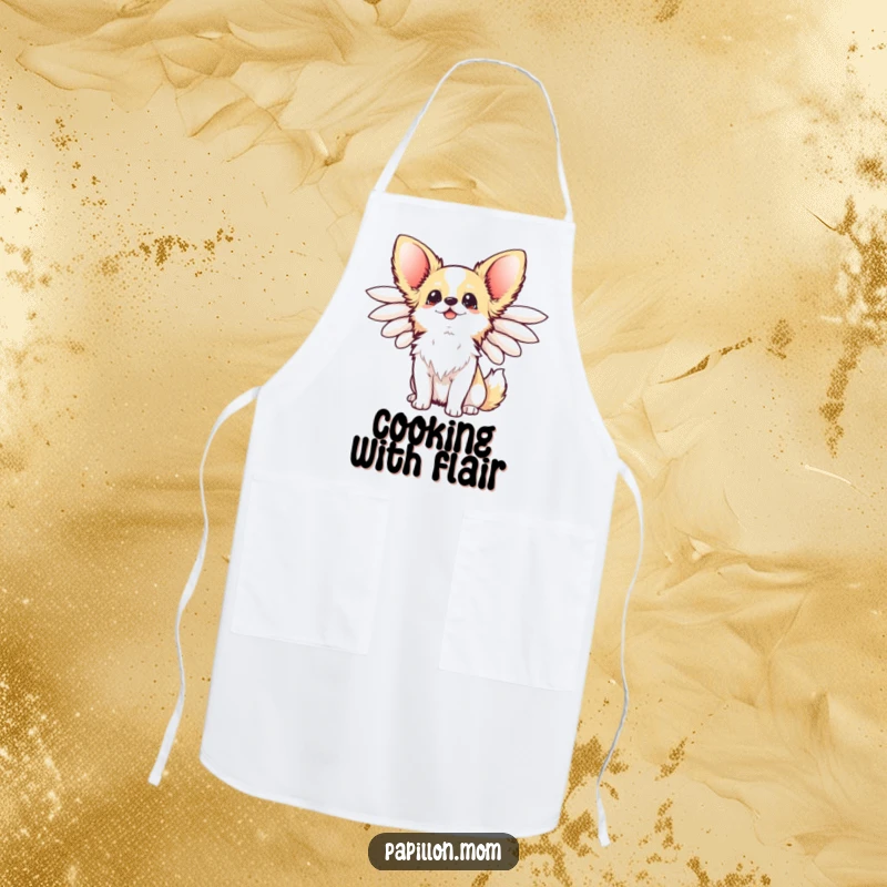 Funny Kawaii Papillon Dog Apron with elegant wings flared, looking up happily, a charming kitchen accessory for chefs.