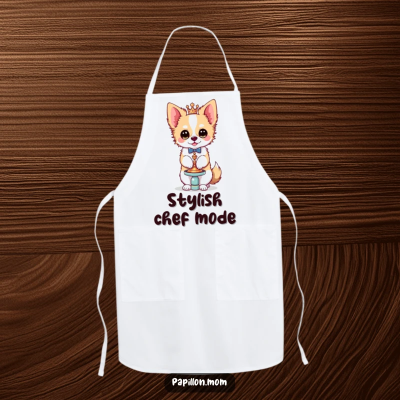Funny Kawaii Papillon dog apron, showing a stylish French butterfly dog balancing a tiny, ornate accessory with poise, perfect for culinary flair.