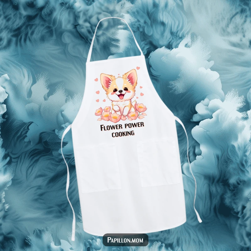 Funny Kawaii Papillon dog apron, showing a cute French butterfly dog fluttering with excitement amidst soft petals, perfect for cheerful cooking.