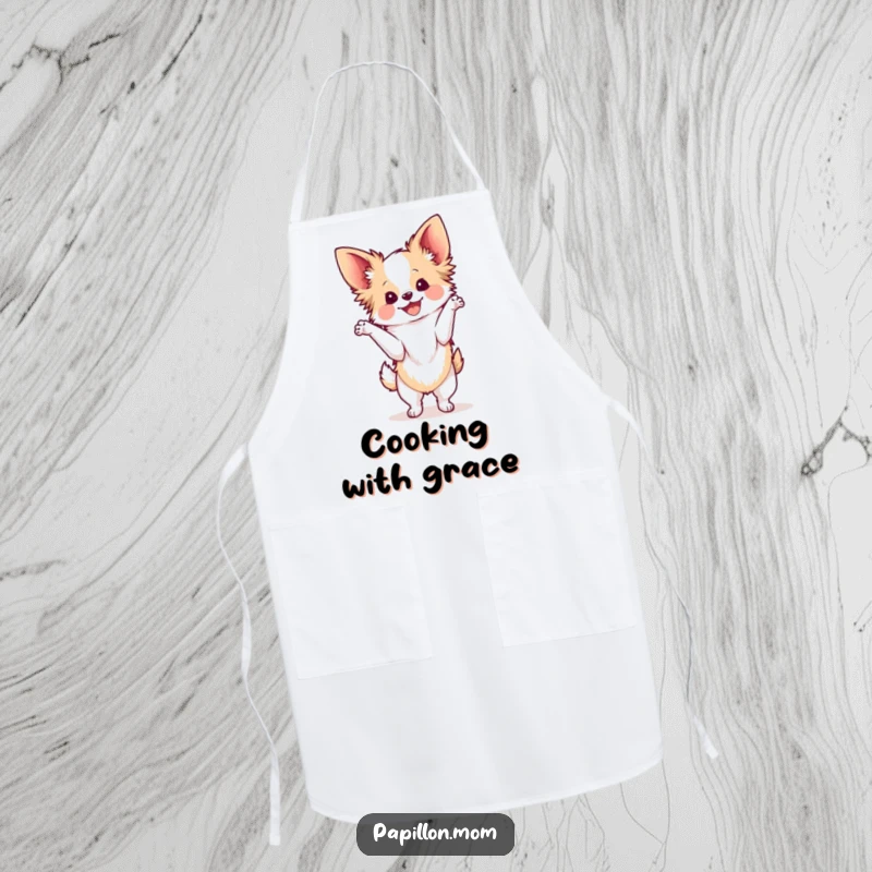 Funny Kawaii Papillon dog apron, showing a cute French butterfly dog in a graceful pose, radiating delight, perfect for elegant cooking.