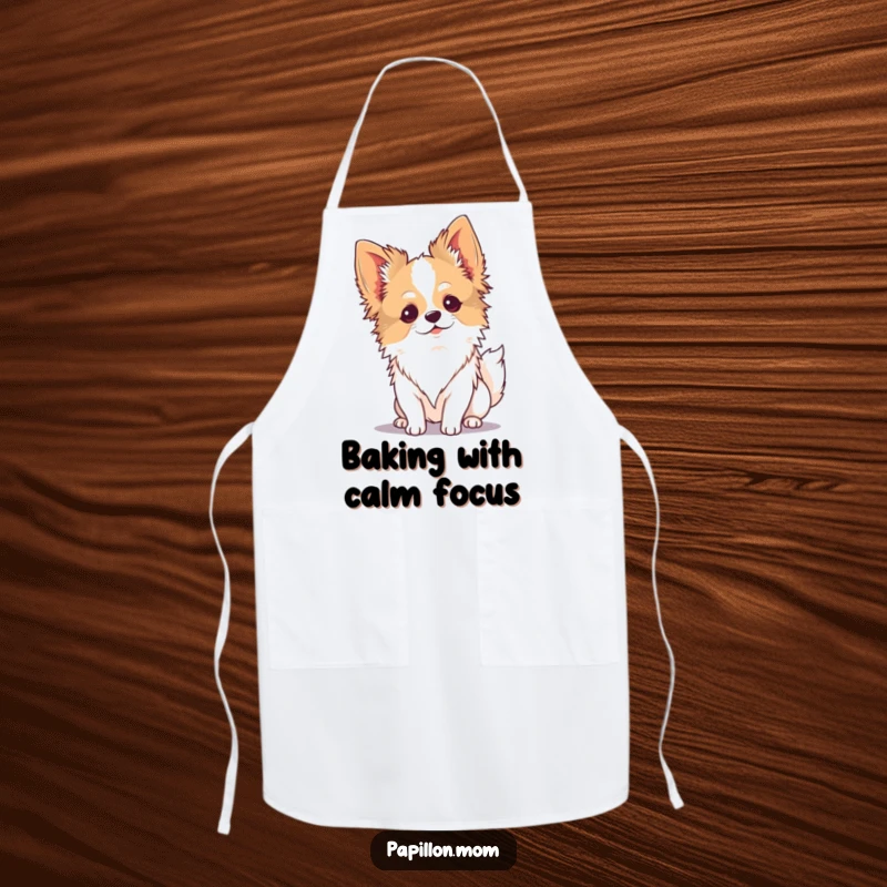 Funny Kawaii Papillon dog apron, cute pup enjoying a breeze, peaceful and functional kitchen wear.
