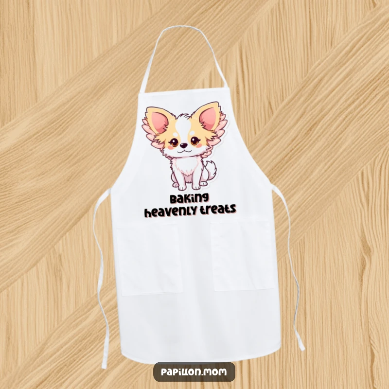 Funny Papillon dog apron featuring a cute character with oversized, gently flapping wings, perfect for kitchen fun and stylish protection.