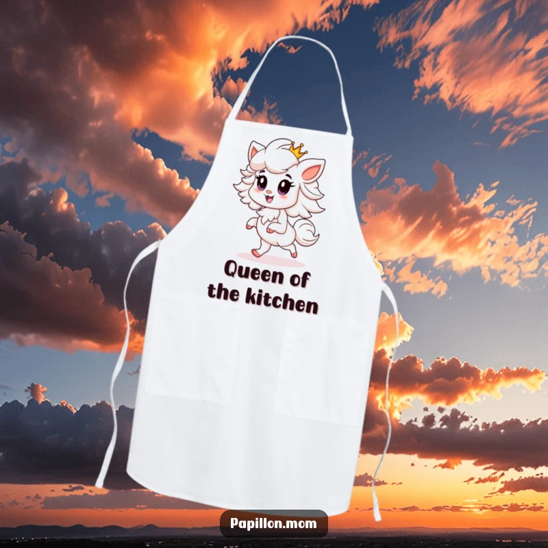 Funny Papillon apron showing a proud Papillon dog prancing gracefully with a tiny crown, bringing a touch of regal charm to cooking.