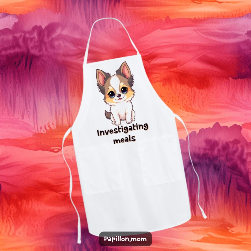 Funny Papillon dog apron featuring a dog's bright, curious, and engaging expression, perfect for kitchen fun.