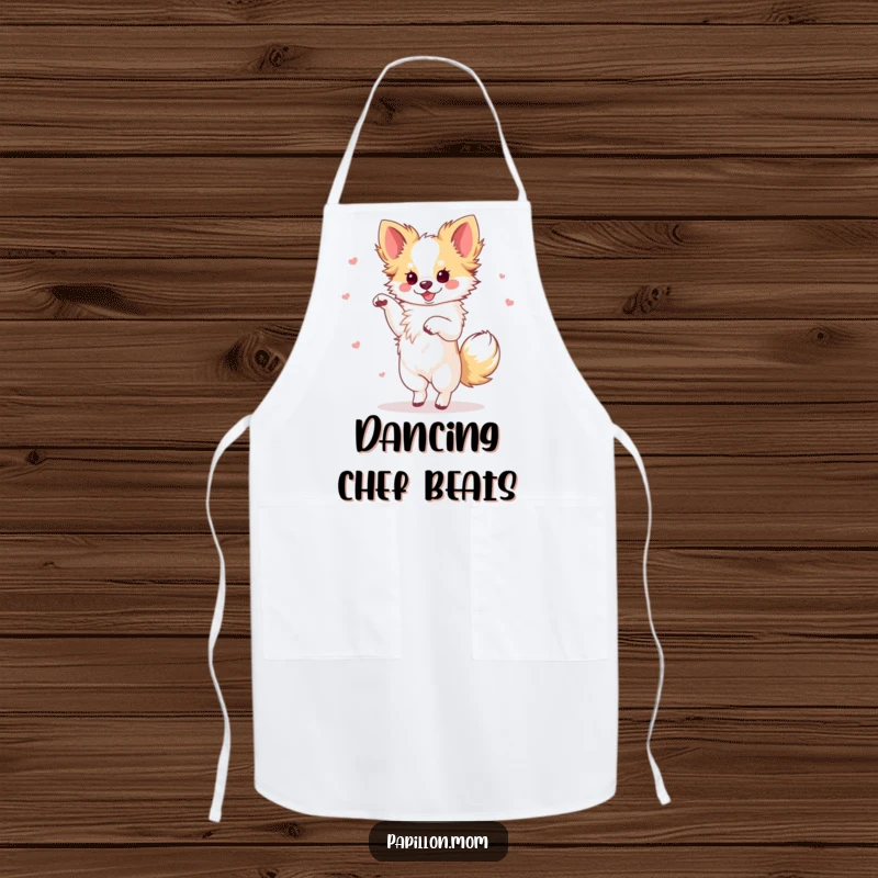 Funny Papillon dog performing a graceful dance with a flourish, printed on a durable and humorous kitchen apron.