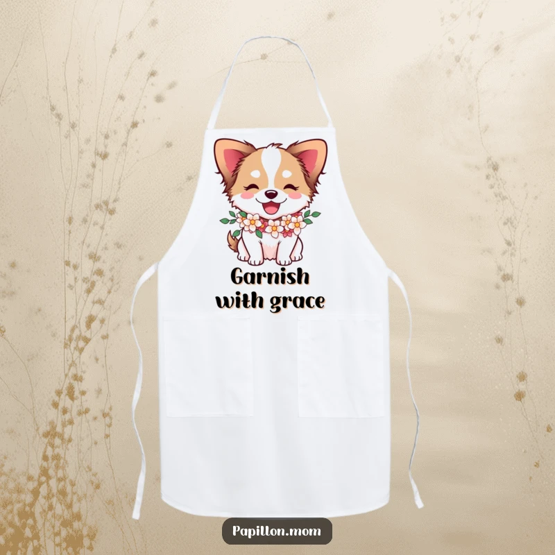 Funny Papillon dog character wearing a flower garland, looking joyful while cooking on a cute apron.