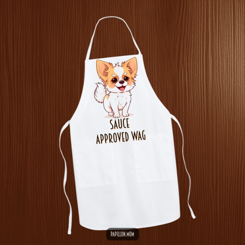Funny apron with a Papillon dog joyfully wagging its plumed tail, perfect for adding humor to cooking.