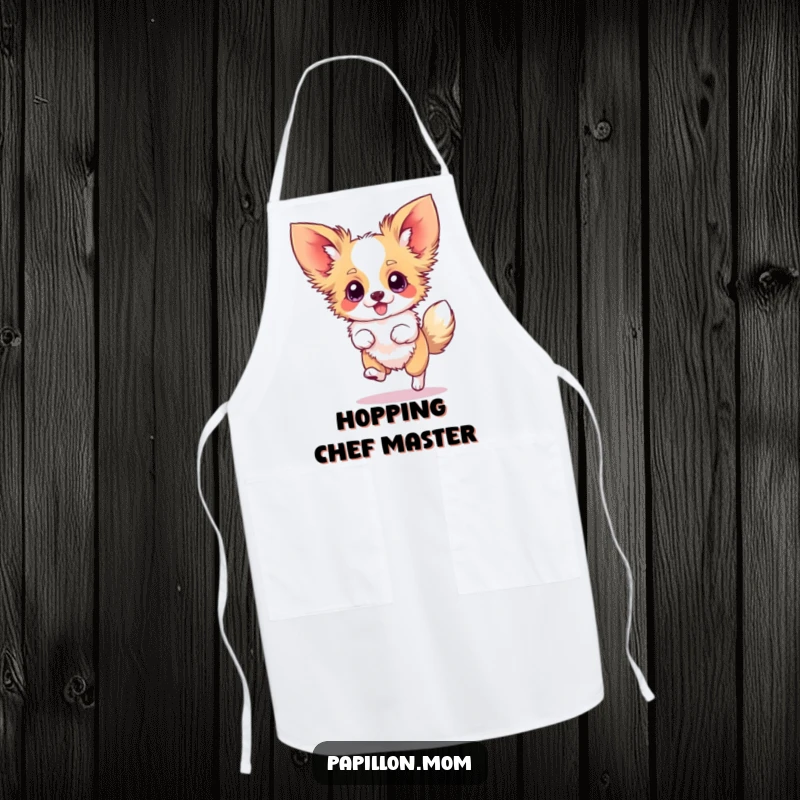 Funny Papillon apron showing a dog doing a silly hop with blurred ears, perfect for energetic cooks.