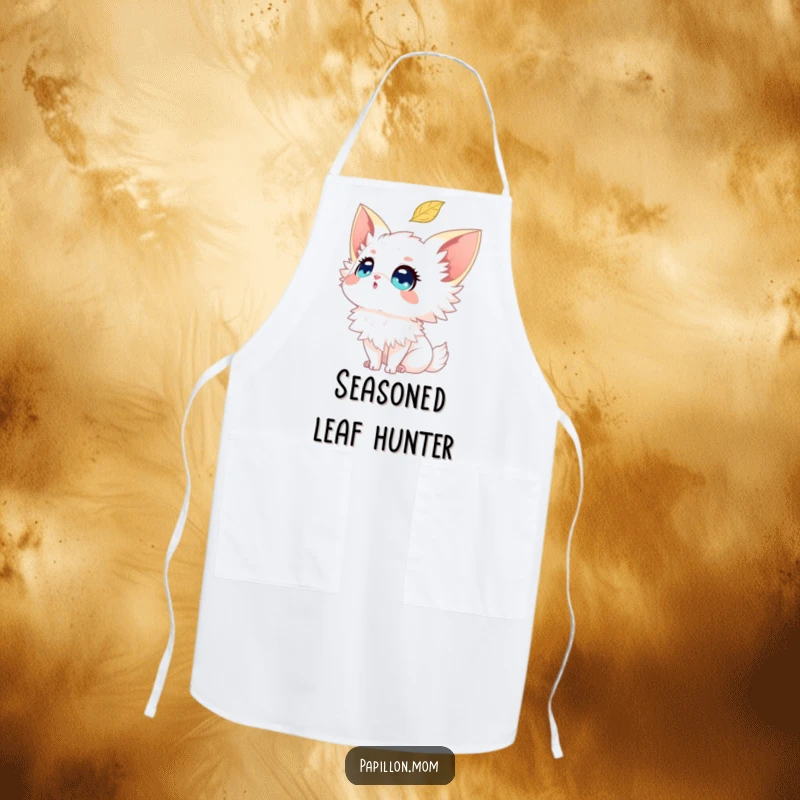 Funny Papillon apron showing a dog looking up with sparkling eyes at a falling leaf, perfect for nature-loving chefs.