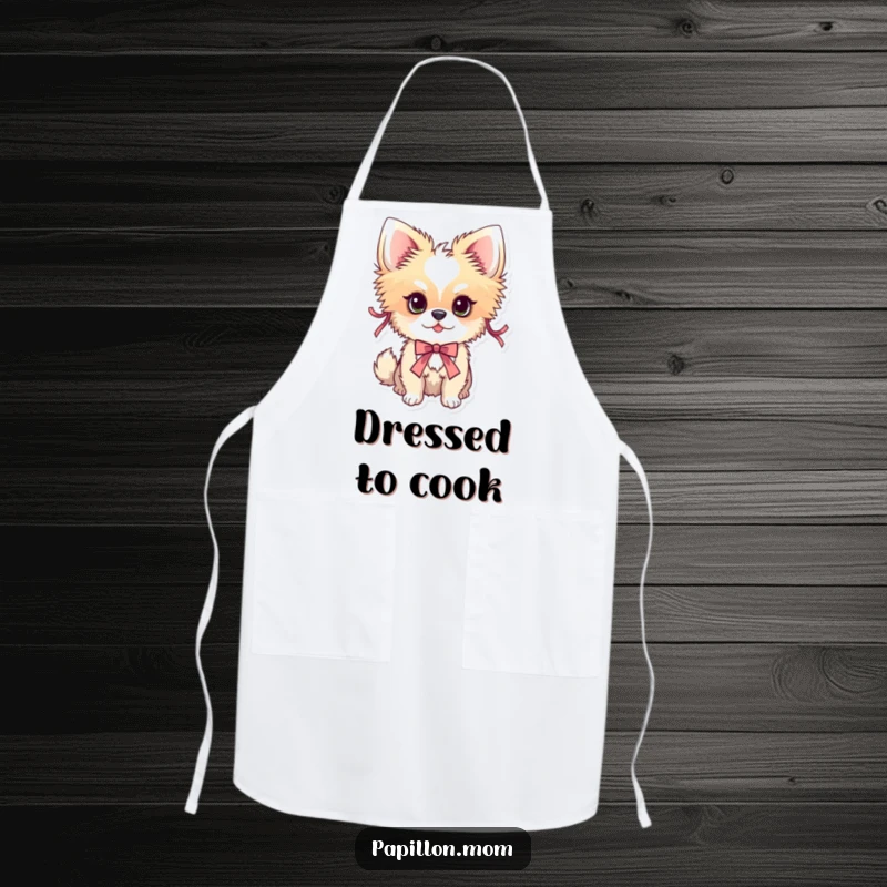 Funny Papillon dog apron showcasing a dog adorned with festive ribbons, perfect for stylish and functional kitchen wear.