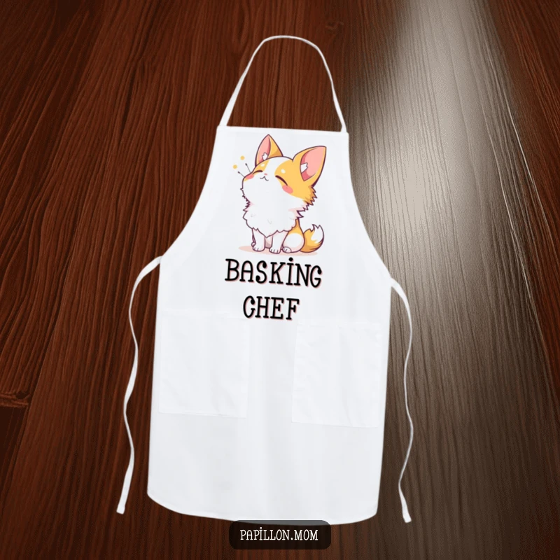 Funny Papillon apron showing a dog sighing contentedly while looking up at the sun, perfect for relaxed chefs.