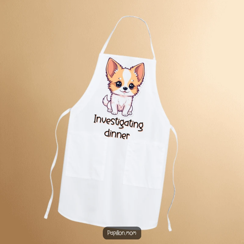 Funny Kawaii Papillon Dog Apron with a Papillon dog with a curious tilt of its head, observing closely, perfect for attentive cooks.