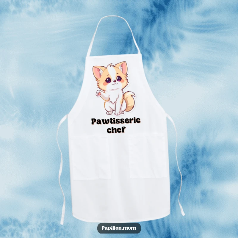 Funny Papillon Apron showing a lady dog offering a playful, outstretched paw, adding a touch of endearing humor to kitchen tasks.