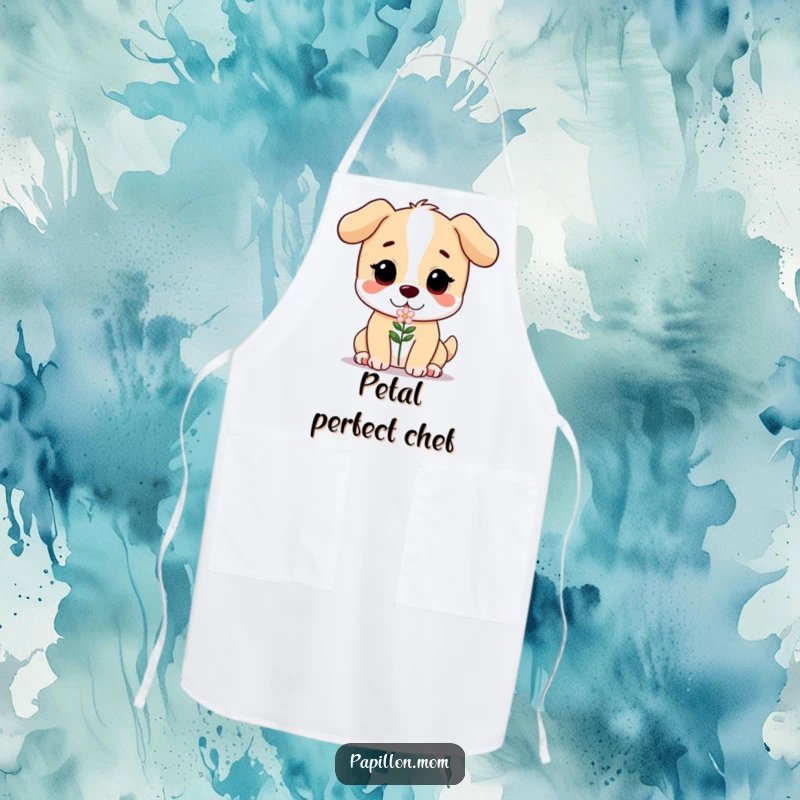 Funny apron depicting a dog with a sweet, gentle expression, offering a small flower, ready to add charm to any kitchen task.