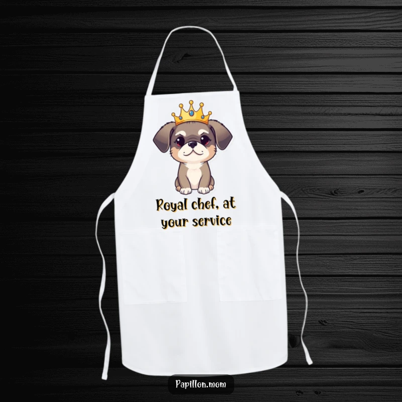 Funny Apron: A dog wears a crown with a regal but playful air, adding a touch of royal humor to kitchen tasks.