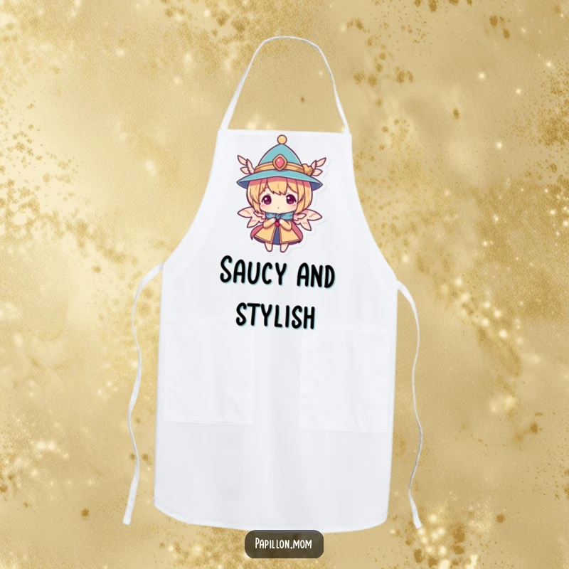 Funny apron with a character wearing a small, elegant hat and wings, perfect for adding a touch of stylish charm to the kitchen.