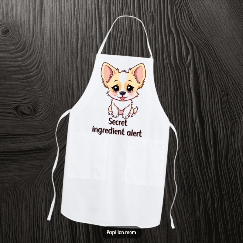 Funny Papillon dog apron featuring a cute character with ears perked high, listening intently, perfect for kitchen fun and stylish protection.