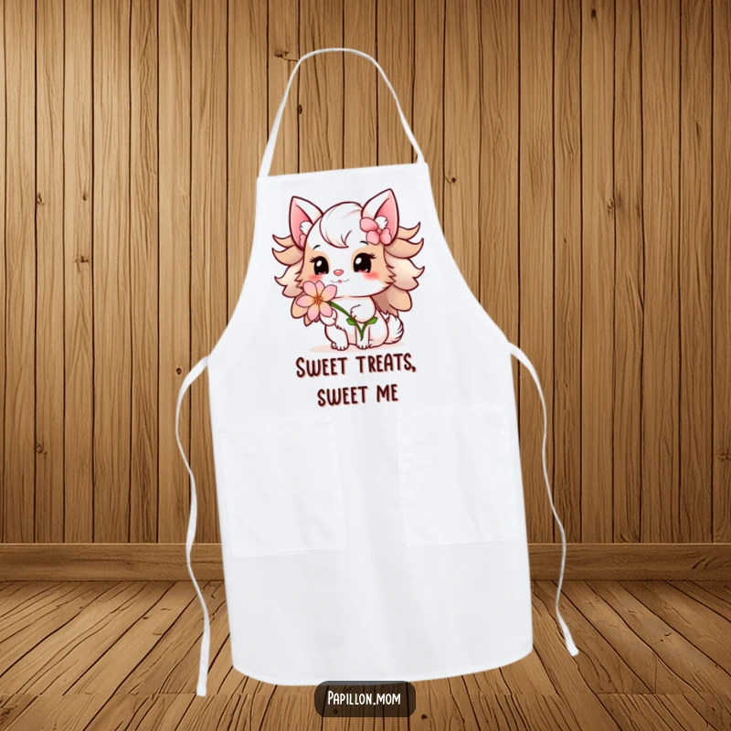 Funny Papillon Lady Apron depicting a gentle offering of a delicate flower with a sweet smile, bringing kindness and charm to any kitchen task.