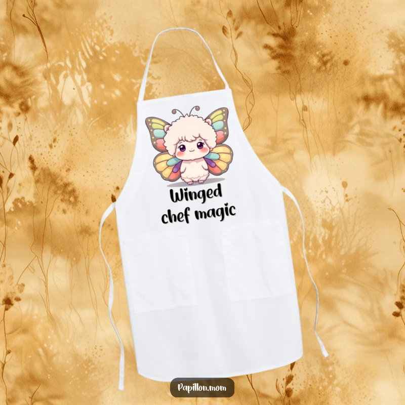 Funny apron showing a fluffy head with large, expressive butterfly wings, bringing an element of whimsical magic to the kitchen.