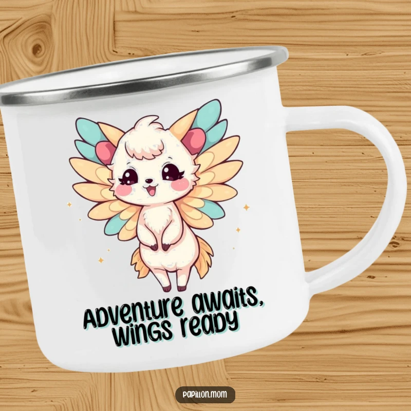 Funny Papillon Lady Camping Mug with delicate wings fluttering joyfully, ready for any adventure, big or small.