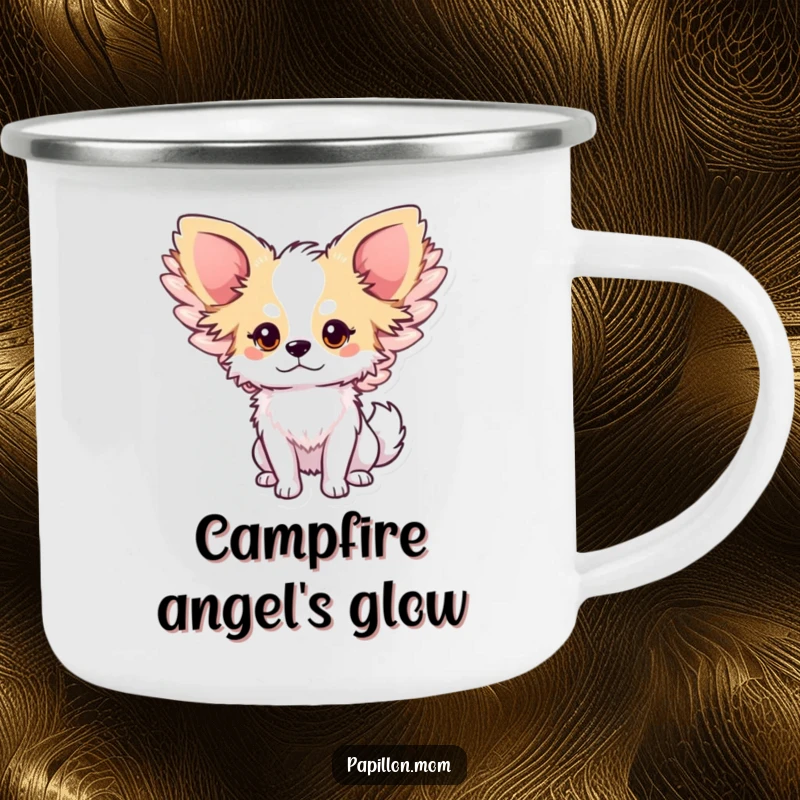 Funny Papillon dog camping mug showing a cute character with large, gently flapping wings, built for enchanted outdoor experiences.