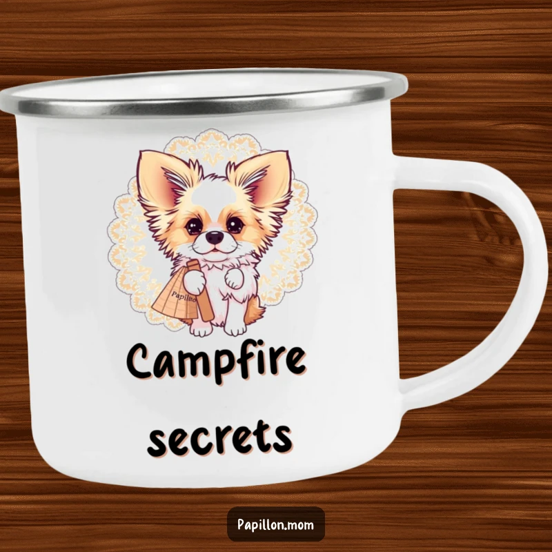 Funny Papillon dog peeking slyly from behind a large, decorative lace fan, on a durable camping mug.
