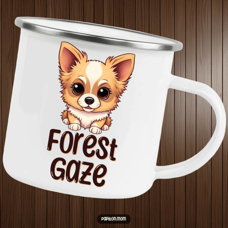 Funny Papillon dog camping mug showing a dog with a sweet, gentle, and inquisitive gaze, ideal for outdoor enjoyment.