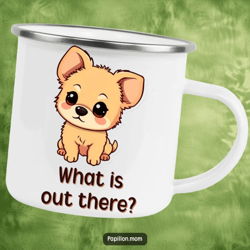 Funny, durable camping mug showcasing a small, fluffy dog with large, floppy ears looking with an expression of sweet curiosity.