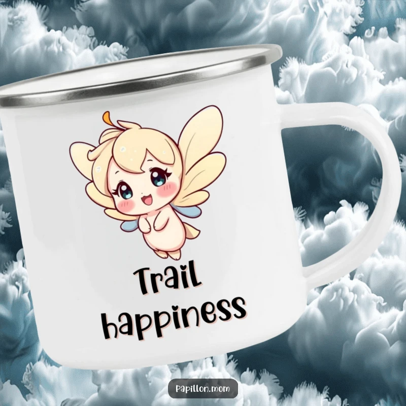 Funny camping mug showing a character fluttering gracefully with a happy expression, perfect for enjoying drinks during outdoor activities.