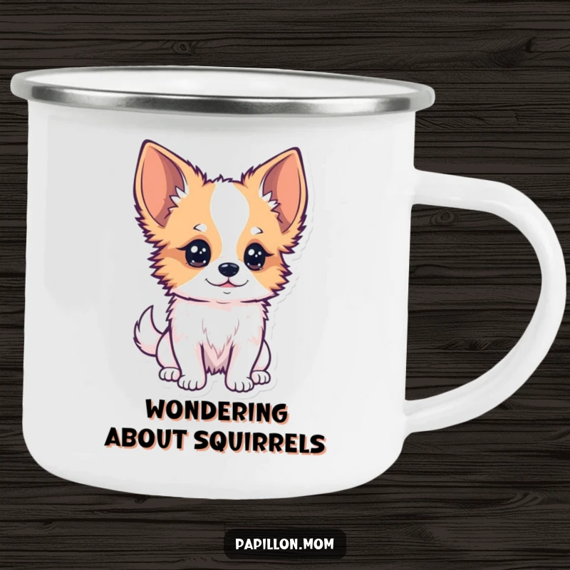 Funny Kawaii Papillon Dog Camping Mug with a Papillon dog with a curious tilt of its head, observing closely, perfect for curious outings.
