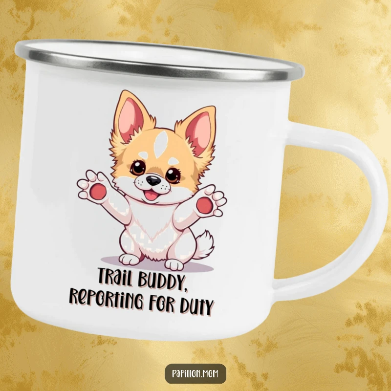 Funny Kawaii Papillon dog camping mug, durable enamel cup with a playful pup, ready for outdoor fun.