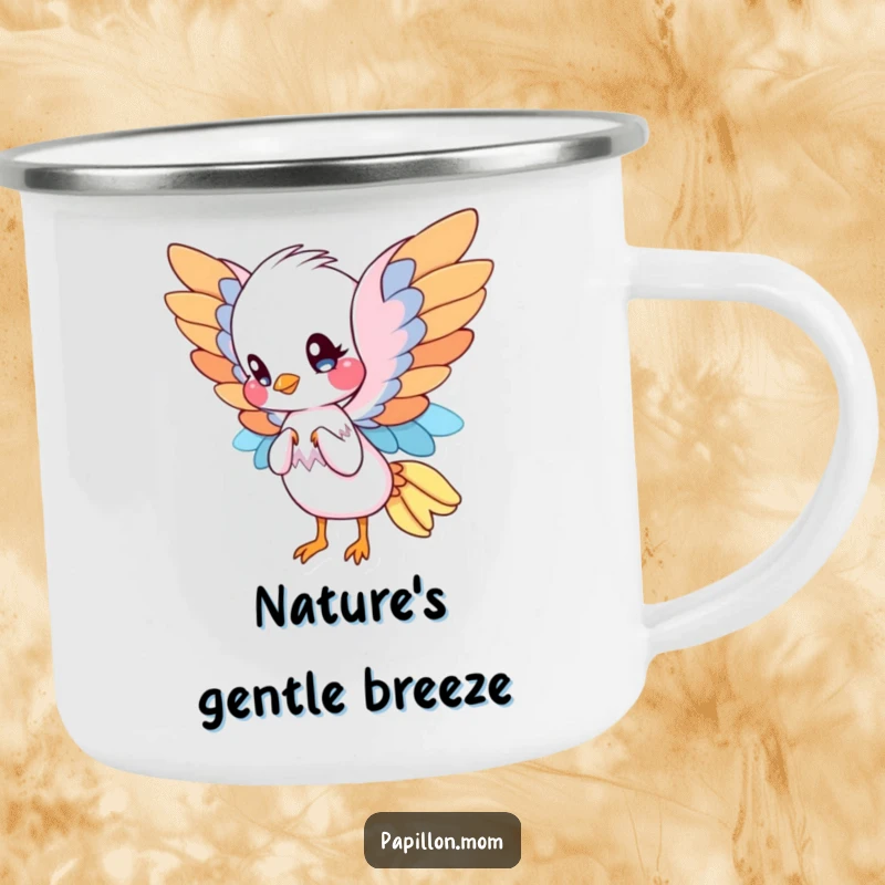 Funny Papillon camping mug showing a cute Papillon with elegant wings, gracefully fanning itself, perfect for enjoying coffee outdoors.