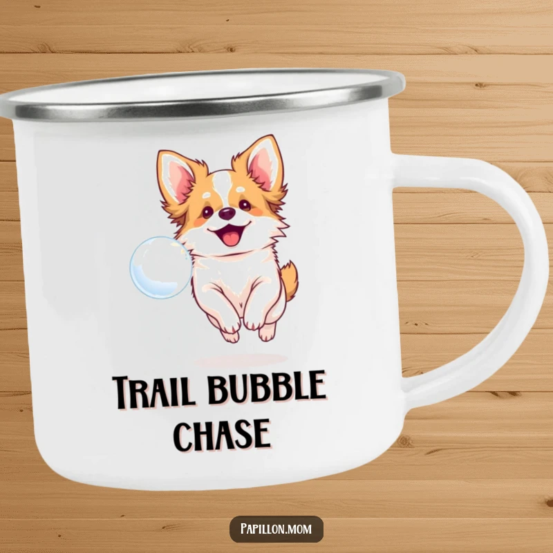 Funny camping mug with a smiling Papillon dog chasing a bubble, perfect for outdoor enthusiasts.