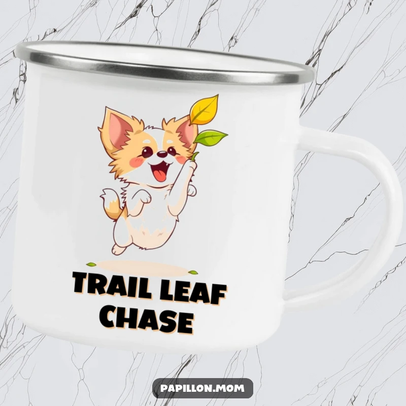 Funny Papillon dog leaping to catch a leaf, illustrated on a sturdy camping mug, ready for any adventure.