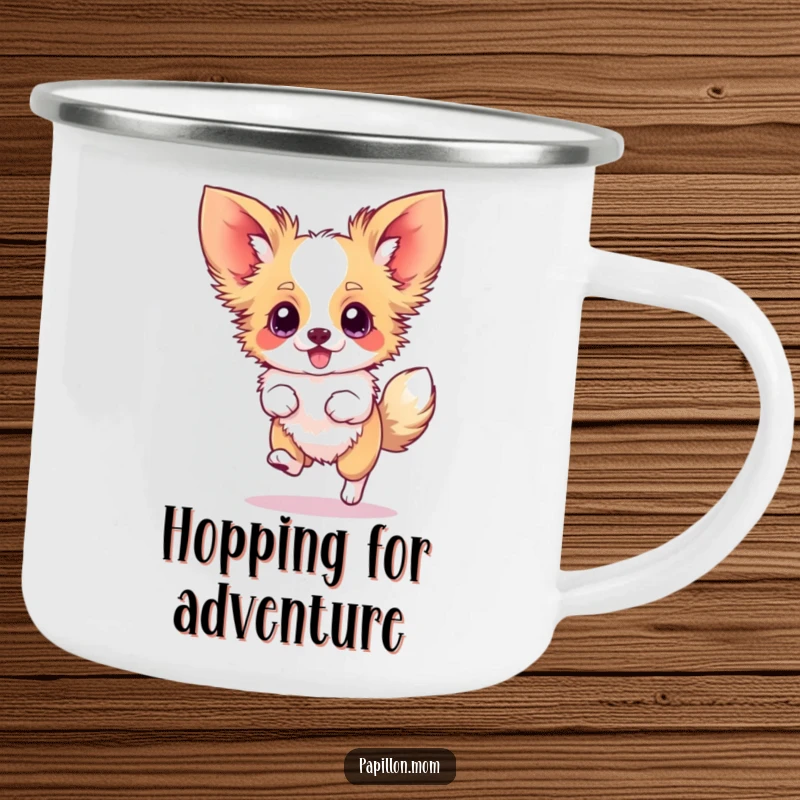 Funny Papillon camping mug showing a dog doing a silly hop with blurred ears, perfect for outdoor enthusiasts.