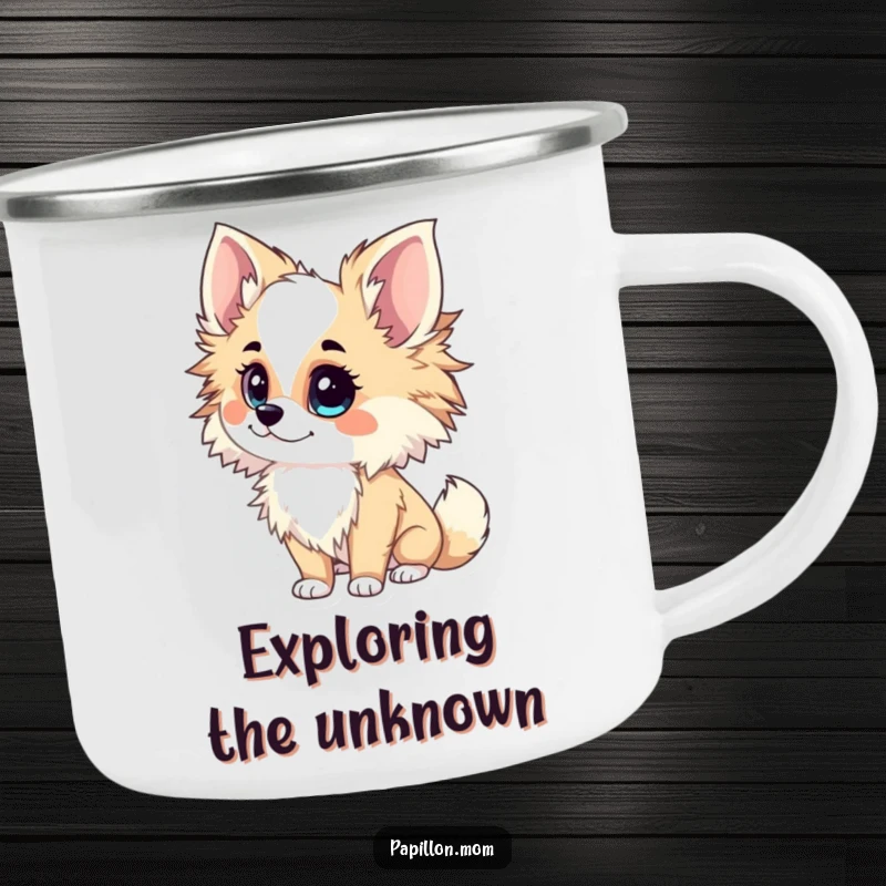 Funny Papillon Lady Camping Mug depicting an inquisitive tilt of the head, ready for adventures and thoughtful contemplation.