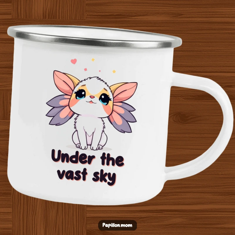 Funny Papillon Camping Mug depicting a lady dog looking up at the sky with wonder, a durable and humorous cup for outdoor dreamers.