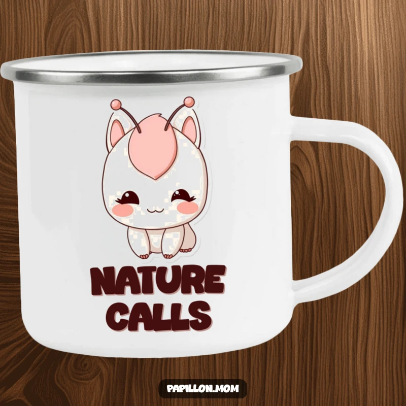 Funny camping mug with a character's gentle smile and twitching antennae, perfect for enjoying beverages during outdoor escapades.