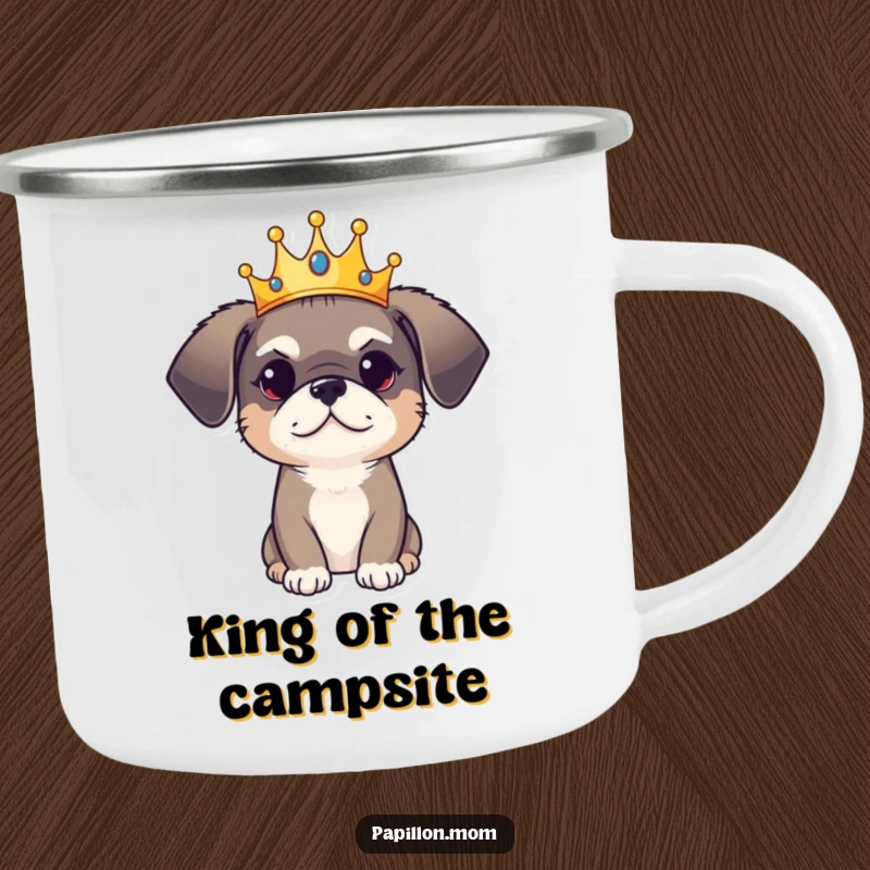 Funny Camping Mug: A dog wears a crown with regal yet playful air, ready for majestic outdoor adventures.