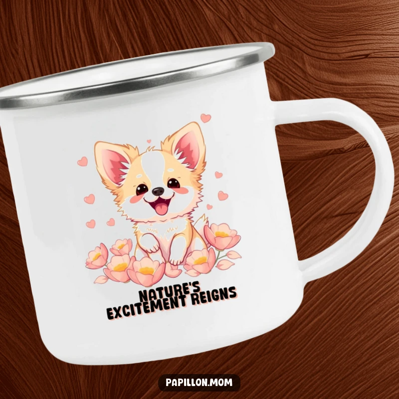 Funny Kawaii Papillon dog camping mug, illustration of a cute French butterfly dog fluttering with excitement amidst soft petals, ready for adventure.
