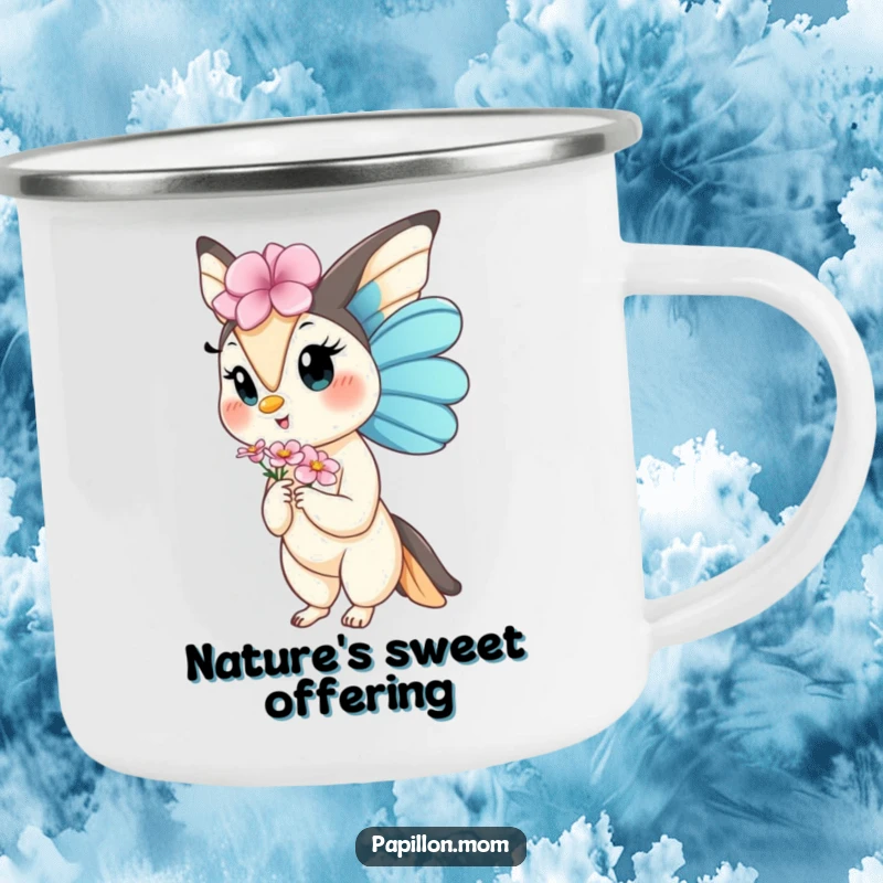 Funny Kawaii Papillon Lady camping mug featuring a dog gracefully offering a flower, perfect for outdoor drinks with gentle humor and charm.