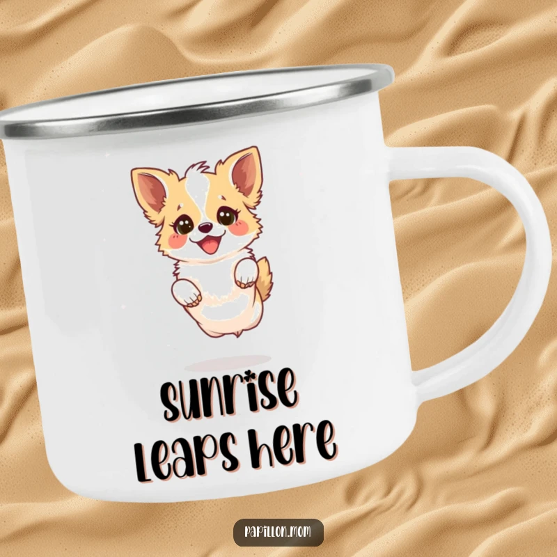 Funny Kawaii Papillon Dog Camping Mug with a Papillon dog leaping playfully with a joyful sparkle in its eyes, perfect for active fun.