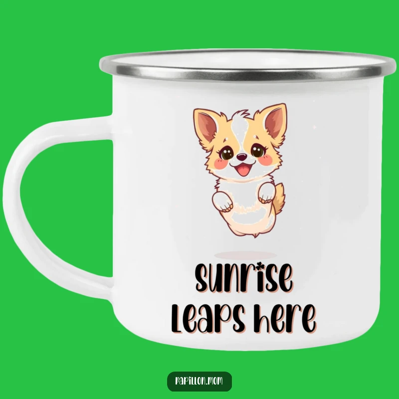 Funny Kawaii Papillon Dog Camping Mug: Leaping Adventure, Outdoor Gift!