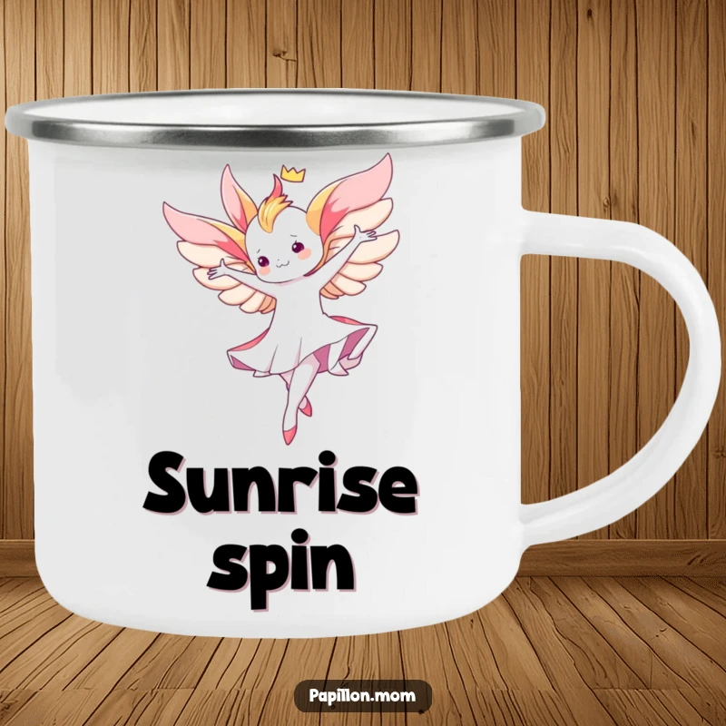 Funny Kawaii Papillon camping mug showing a cute lady performing a graceful aerial twirl, perfect for outdoor elegance and fluid motion.